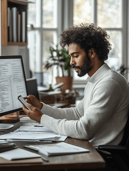 A man at a desk using AI tools to help a client