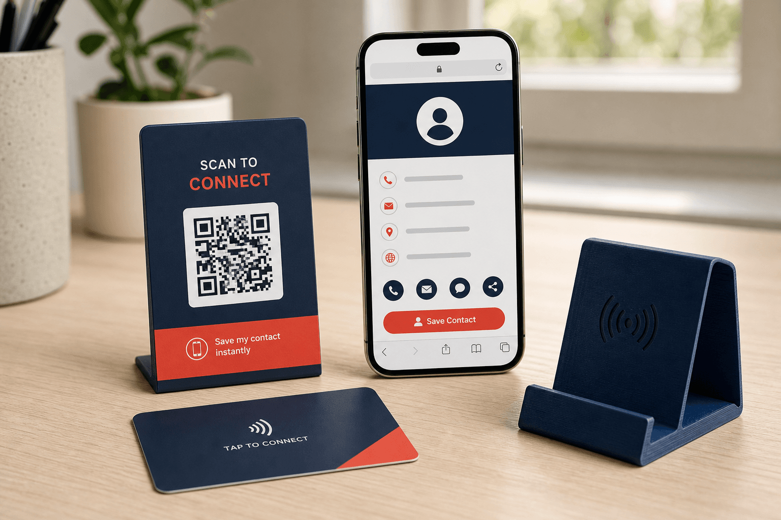 NFC tap card, phone and QR counter sign for a digital business card