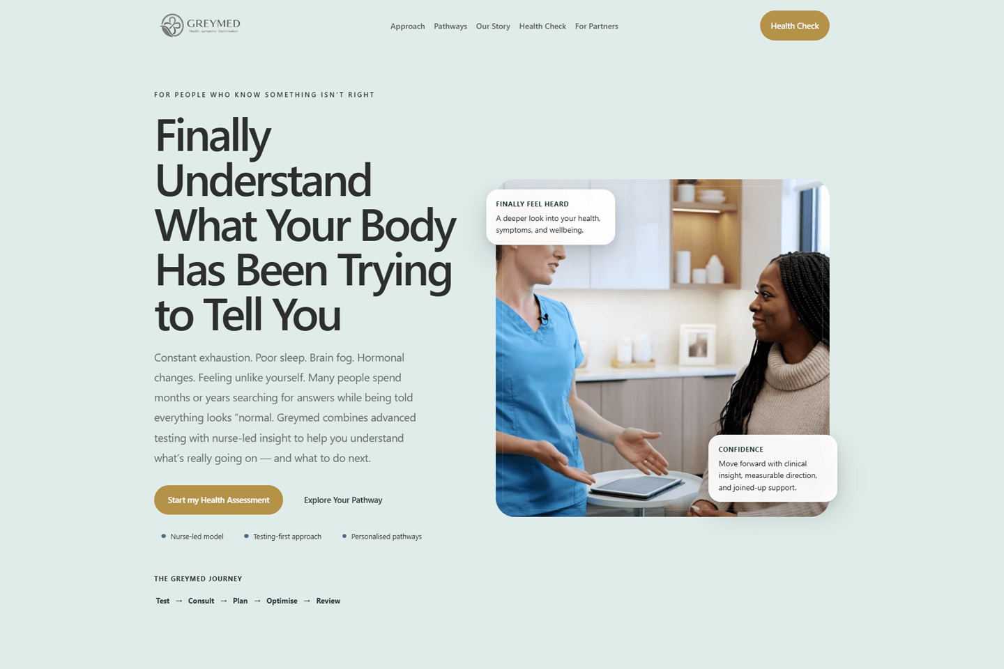 Greymed website homepage with the health questionnaire entry point