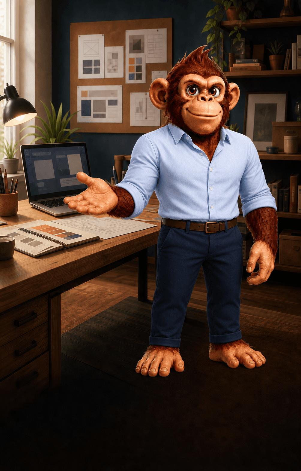 Rocky in a casual shirt welcoming the visitor in an independent design studio with website plans, colour samples and a laptop