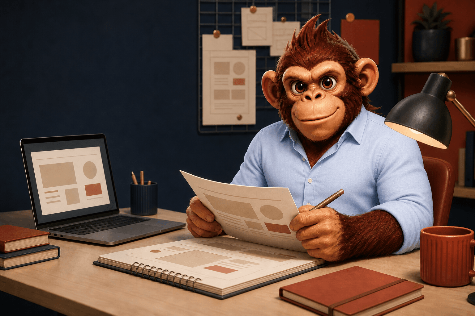 Rocky reviewing a website page at an editorial desk