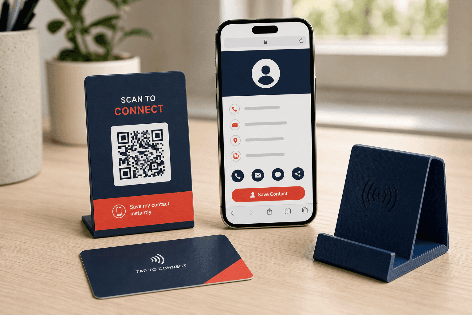 Phone, QR counter sign and NFC card used to share a digital business card