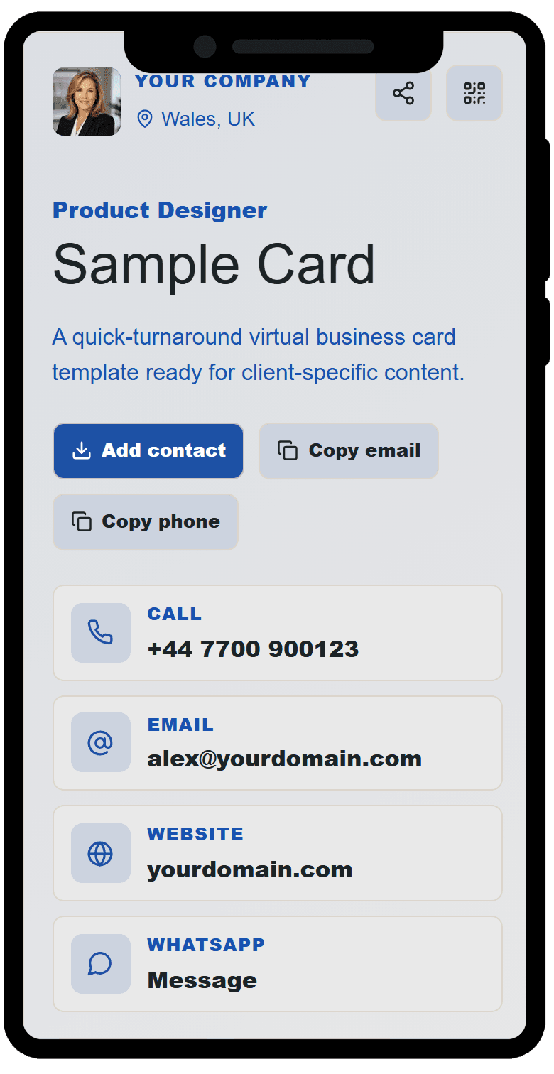 Sample digital business card shown on a phone