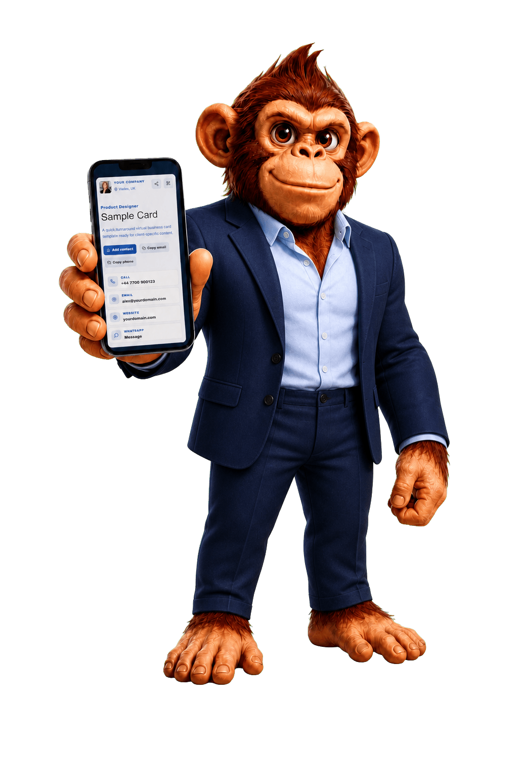 Rocky in a navy business suit presenting the sample digital business card