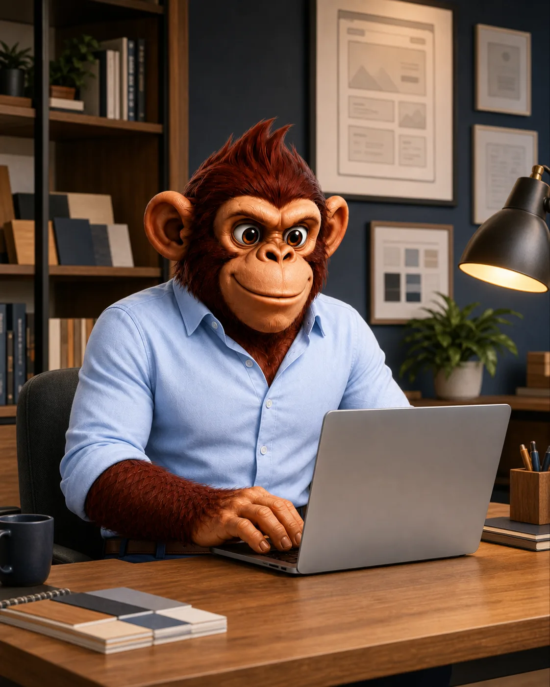 Rocky in a casual shirt working carefully at a laptop in the RockyChimp office