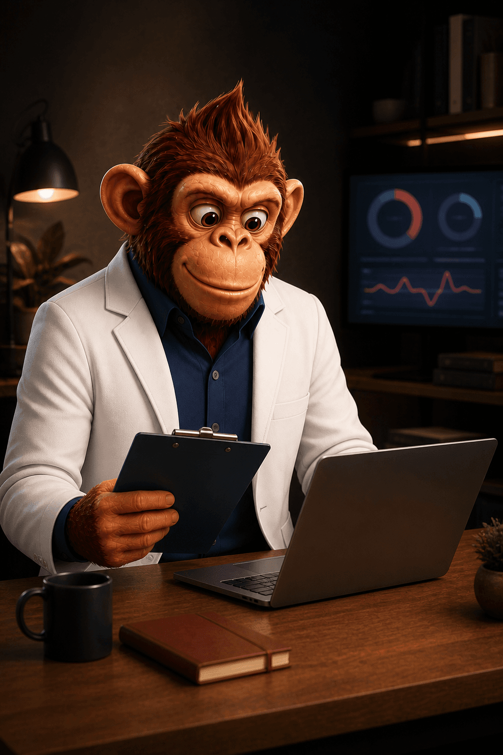 Rocky in a white laboratory coat reviewing website monitoring information on a laptop