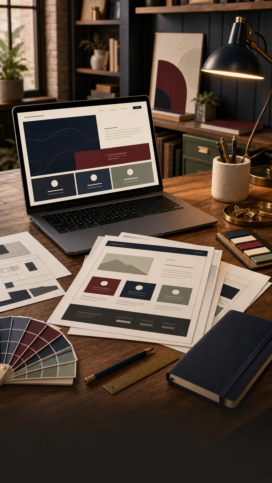 Website planning materials arranged in a focused studio scene