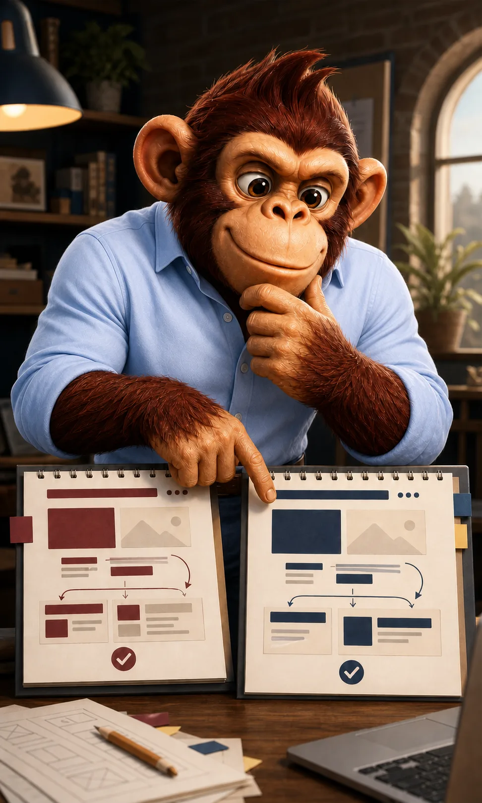 Rocky comparing two website routes at a planning desk