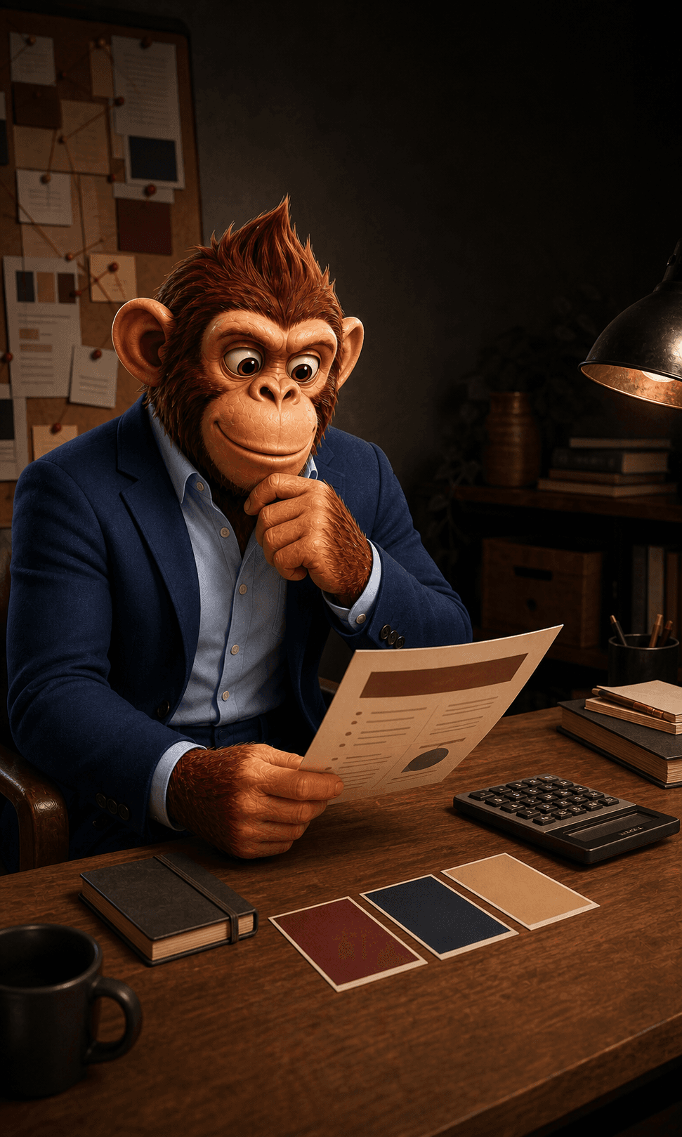 Rocky in a navy jacket reviewing a scoped website proposal, calculator and colour cards