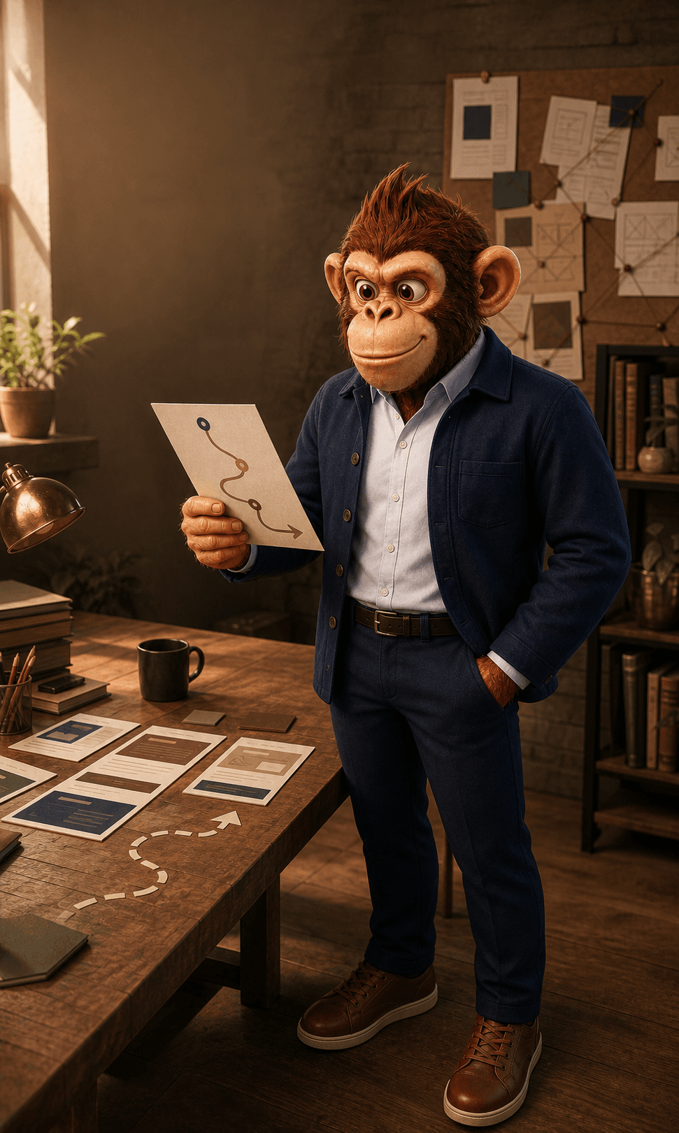 Rocky in a smart casual jacket reviewing a simple route guide beside website planning cards